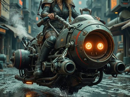 Zambala_AI keuken achterwand_meisje op futuristische motor